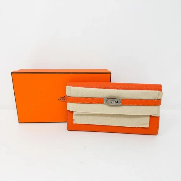Hermes PHW Chevre Orange Poppy Kelly Longue Wallet - Picture 2 of 10